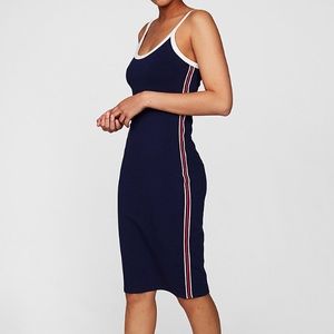 Side Stripe Fitted Navy Knee Length Dress